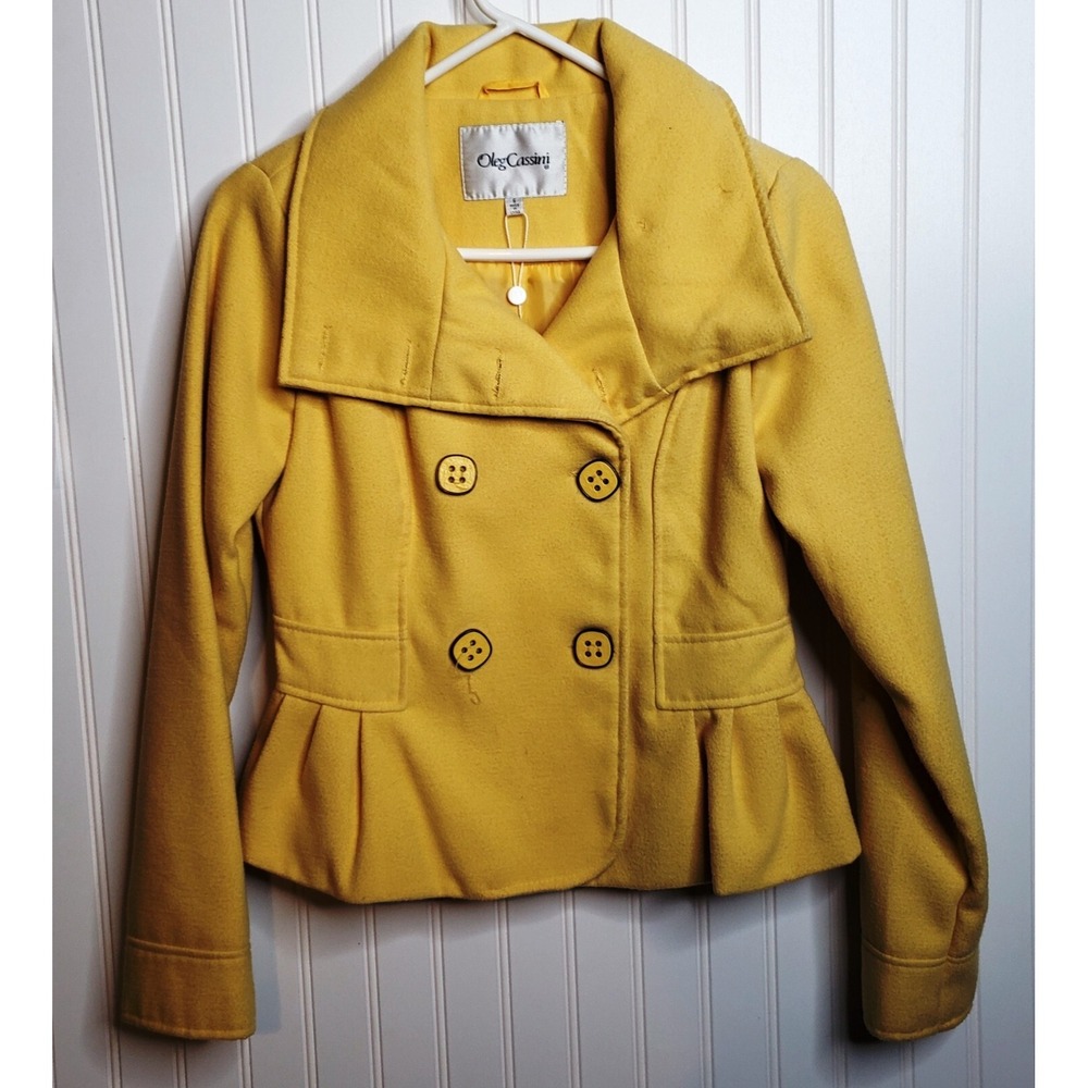 Oleg Cassini Tulle Double Breasted Mustard Color Wool Pea Coat Size S
